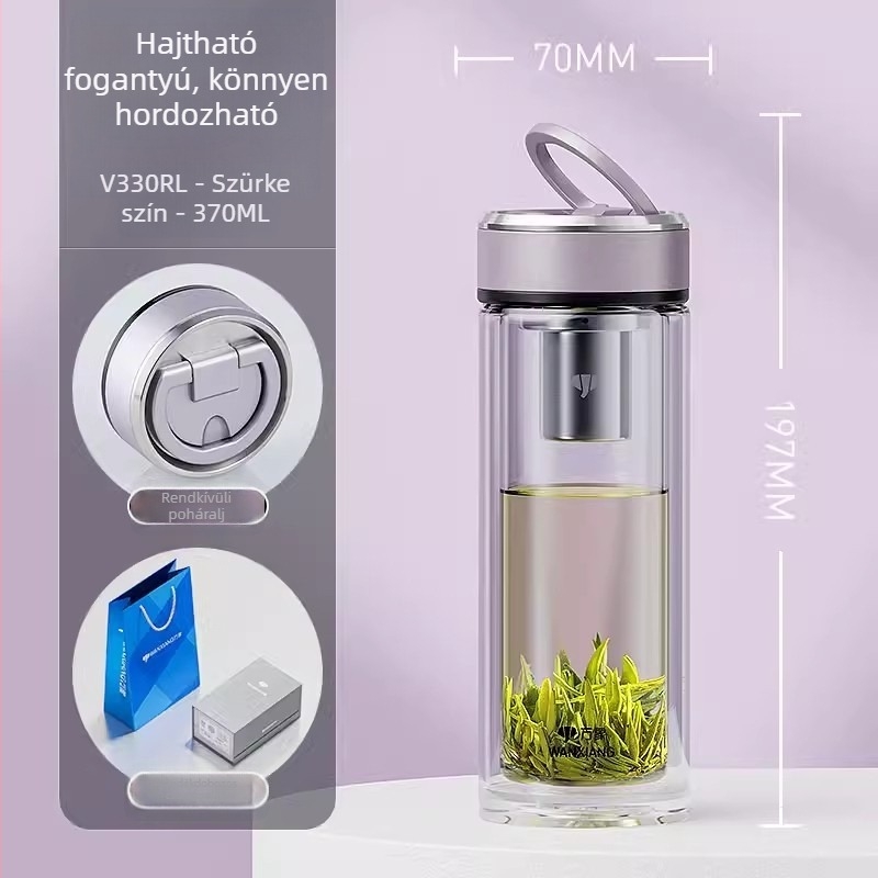 Kétszintes boroszilikát üveg teás pohár szűrővel, irodai használatra, ajándékdobozban, testreszabás elérhető