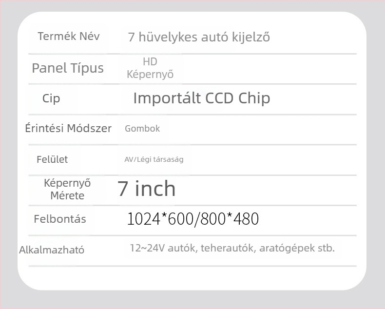 Autó LCD kijelző 7003, LED kijelző, 800x480/1024x600 felbontás, általános N/P rendszer kompatibilitás, analóg bemenet