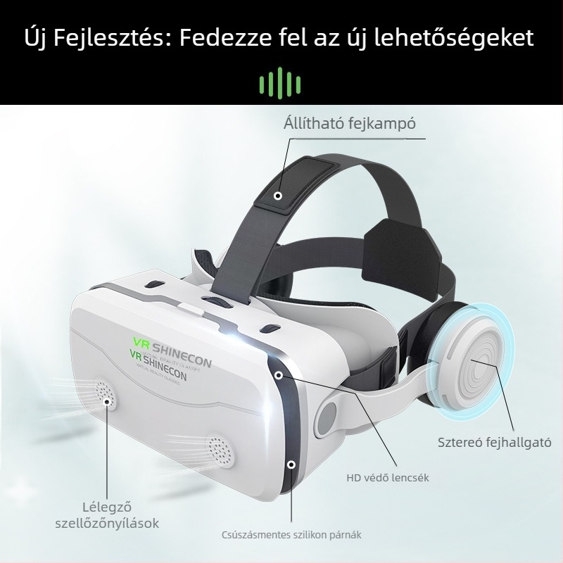 All-in-One VR headset mobiltelefonhoz, beépített fejhallgatóval, 3D-támogatás, 4.7–7.2 hüvelykes kijelző, műanyag ház