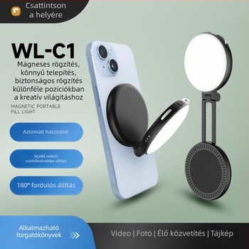 Mágneses összecsukható LED világítás kültéri élő közvetítéshez telefon-tartóval, állítható színhőmérséklet 2500–9900K, 2W, 5V, beépített akkumulátor, kézi használat