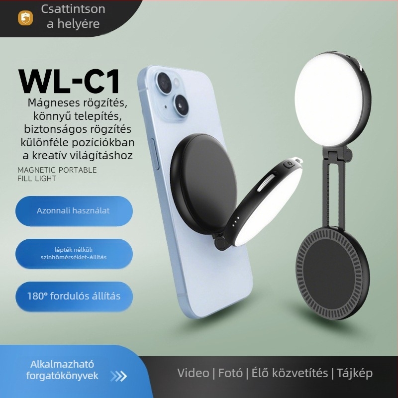 Mágneses összecsukható LED világítás kültéri élő közvetítéshez telefon-tartóval, állítható színhőmérséklet 2500–9900K, 2W, 5V, beépített akkumulátor, kézi használat
