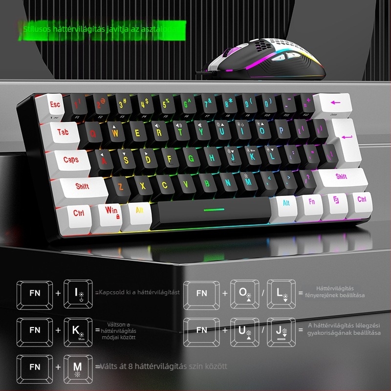 61 gombos RGB vezetékes billentyűzet és egér készlet, 3200 DPI, ergonómikus háttérvilágítás, USB, 1,6 m kábel, asztali számítógépekhez és noteszgépekhez