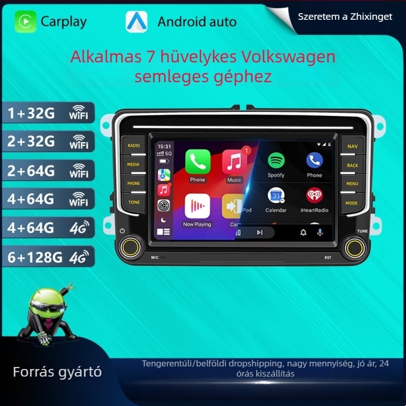 Volkswagen 7 hüvelykes Android autó navigációs rendszer GPS-szel, Bluetooth-al és vezeték nélküli CarPlay-lel, központi konzol