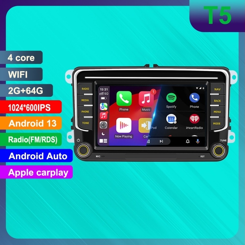 Volkswagen 7 hüvelykes Android autó navigációs rendszer GPS-szel, Bluetooth-al és vezeték nélküli CarPlay-lel, központi konzol