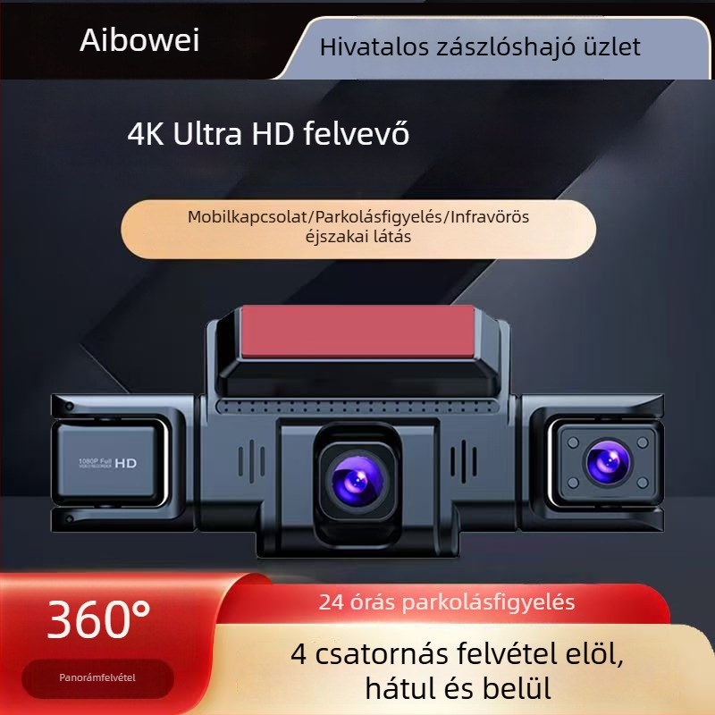 4K 360° autós dash kamera éjjellátással, Wi‑Fi és okostelefon-kapcsolattal, előre, hátra, balra és jobbra, többlencsés