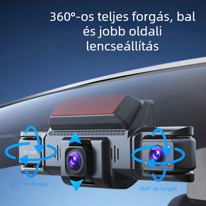 4K 360° autós dash kamera éjjellátással, Wi‑Fi és okostelefon-kapcsolattal, előre, hátra, balra és jobbra, többlencsés