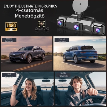1080P autós dashkamera éjjellátással, négycsatornás kijelző, tolató kép, okostelefonnal való kapcsolódás