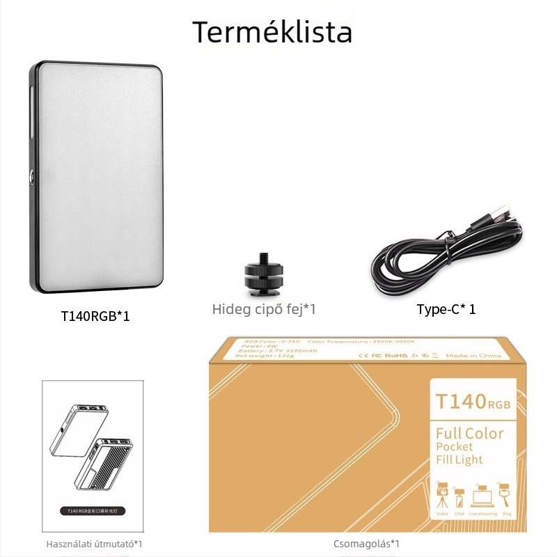 Négyszögletes RGB zseblámpa okostelefonhoz – 6W LED töltőfény, beépített 3,7V akkumulátor, vlog/szelfi/videó világítás