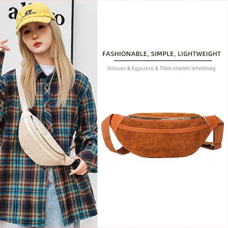 Korean-style Corduroy keresztbody táska - utcai stílus, cipzáras záródás, belső cipzáros zseb, belső patch zseb, poliészter bélés
