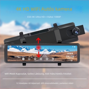12 hüvelykes 4K dash cam hangvezérléssel, streaming médiával, éjszakai látással, 2.5D fényes kijelzővel, dupla felvétellel és hátrameneti képpel.
