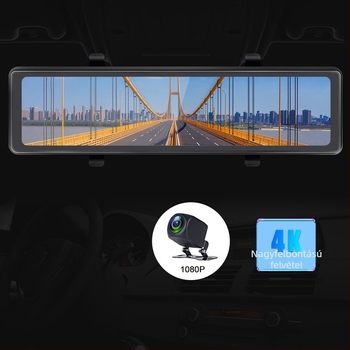 12 hüvelykes 4K dash cam hangvezérléssel, streaming médiával, éjszakai látással, 2.5D fényes kijelzővel, dupla felvétellel és hátrameneti képpel.