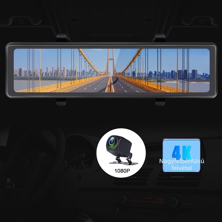12 hüvelykes 4K dash cam hangvezérléssel, streaming médiával, éjszakai látással, 2.5D fényes kijelzővel, dupla felvétellel és hátrameneti képpel.