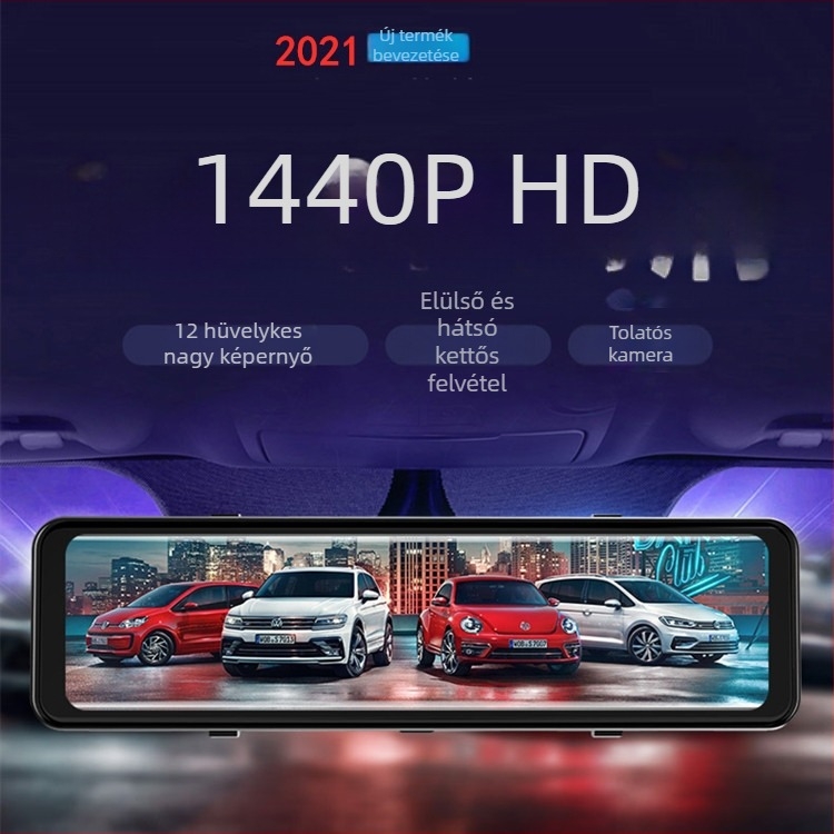 12 hüvelykes 4K dash cam hangvezérléssel, streaming médiával, éjszakai látással, 2.5D fényes kijelzővel, dupla felvétellel és hátrameneti képpel.