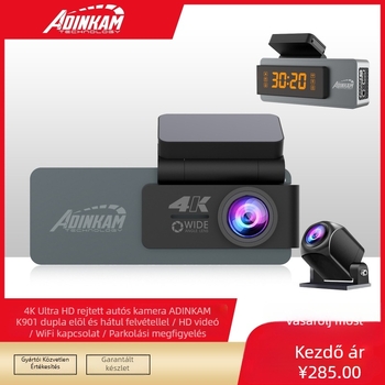 K901 4K első és hátsó kettős felvételű autós dash cam, 160° látószög, Wi‑Fi, F2.0 rekesz