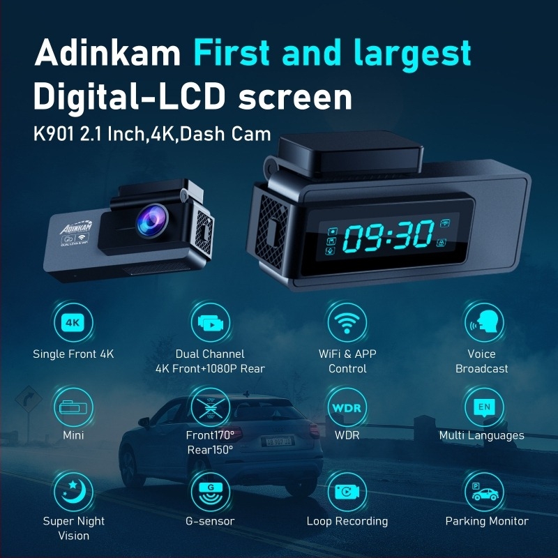 K901 4K első és hátsó kettős felvételű autós dash cam, 160° látószög, Wi‑Fi, F2.0 rekesz