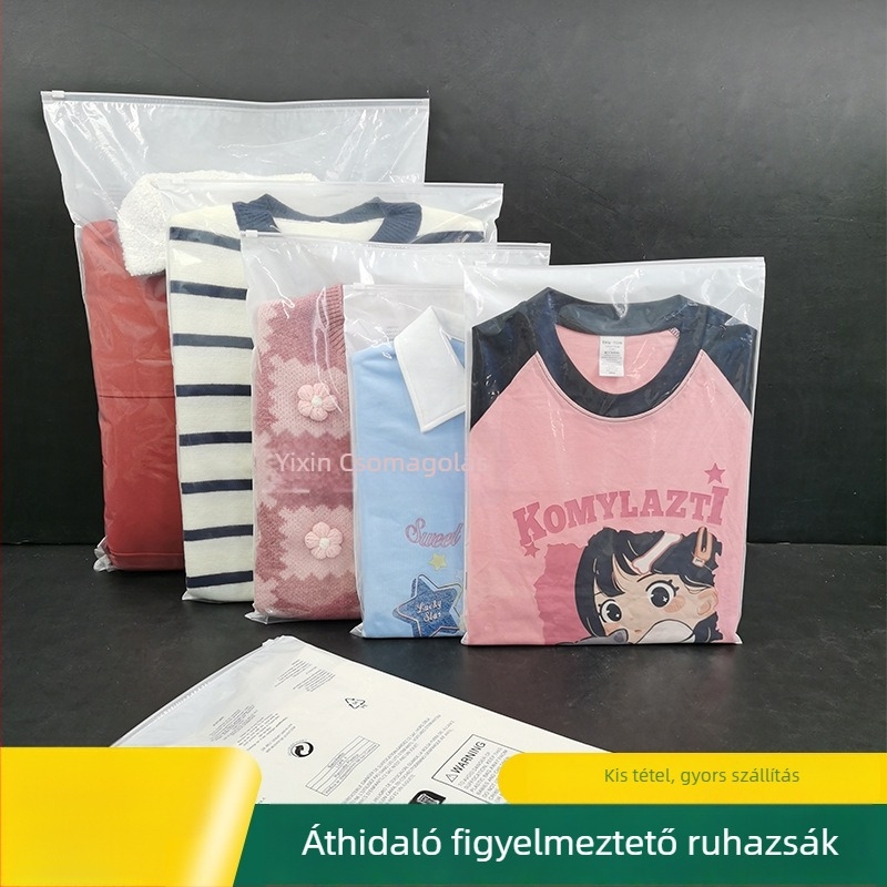 PE ruházati csomagoló tasak cipzárral, átlátszó, önzáró logónyomtatással, dupla vastagság 10 silk