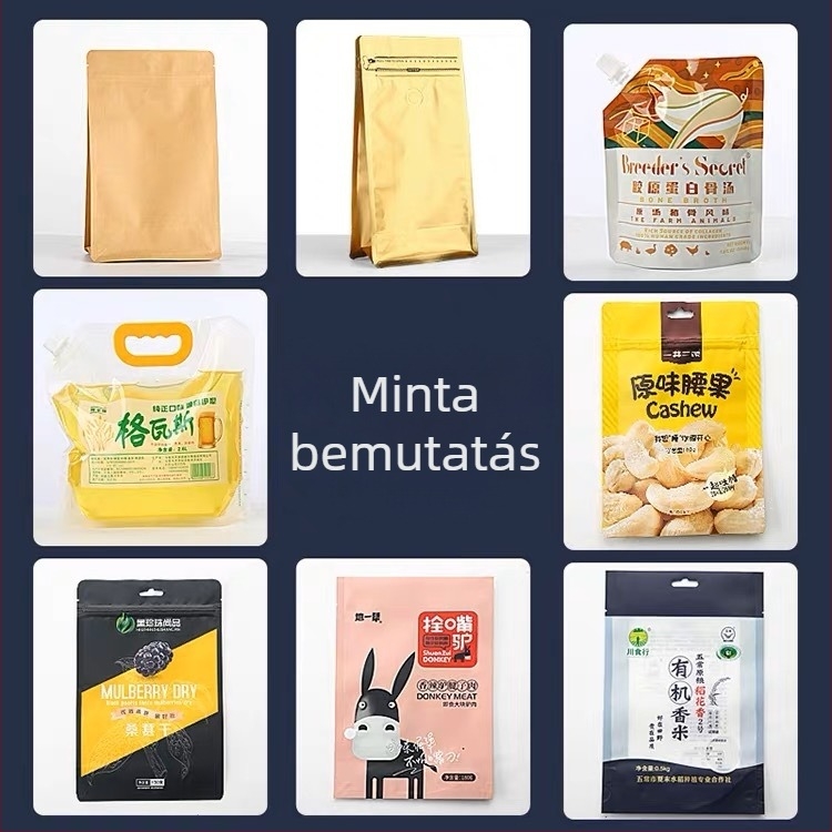 Önállóan álló élelmiszer csomagoló tasakok, önzáró, nyolcszögletű zárás, OPP/PET/alumíniumfólia/PE rétegekkel