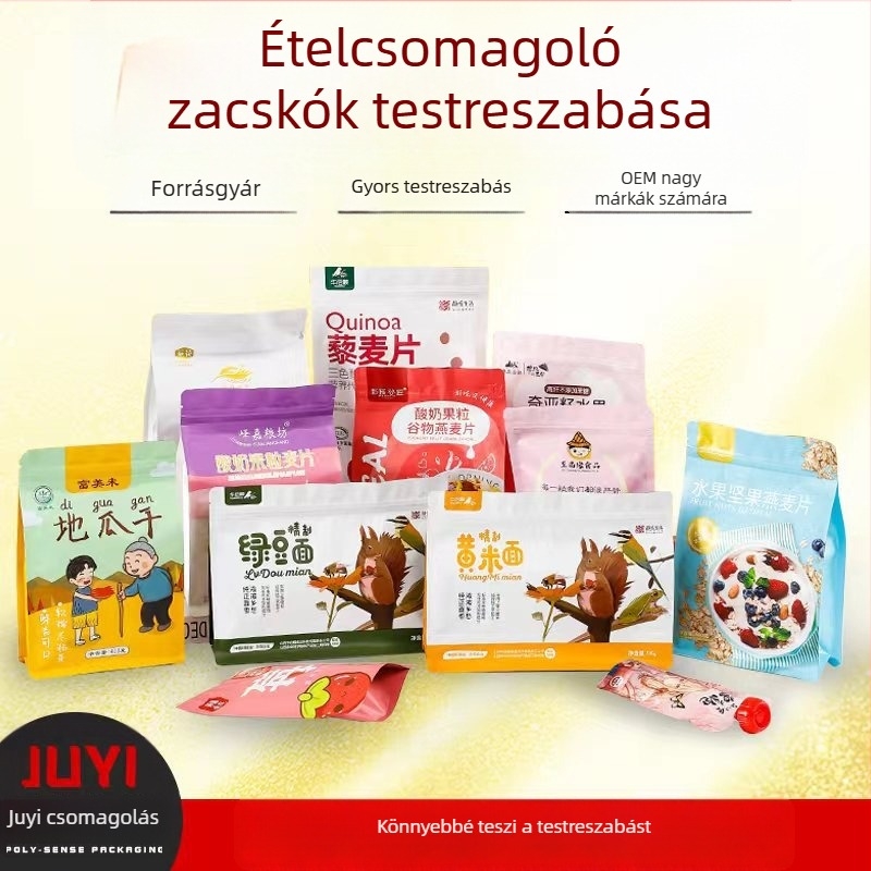 Önállóan álló élelmiszer csomagoló tasakok, önzáró, nyolcszögletű zárás, OPP/PET/alumíniumfólia/PE rétegekkel
