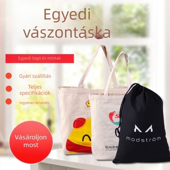 Textil vászon táska személyre szabható logóval, öko-barát diákoknak, tote és összecsukható dizájn, húzárral záródó, nyomtatási eljárások: hőátvitel, szitanyomás, laminált fólia
