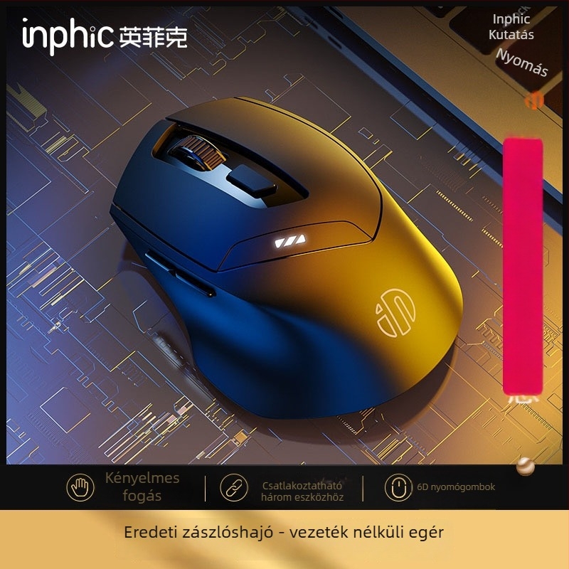 INPHIC DR01 Bluetooth hárommódos vezeték nélküli egér, 1600 DPI, 6 gomb, Bluetooth/2.4 GHz, ergonómikus