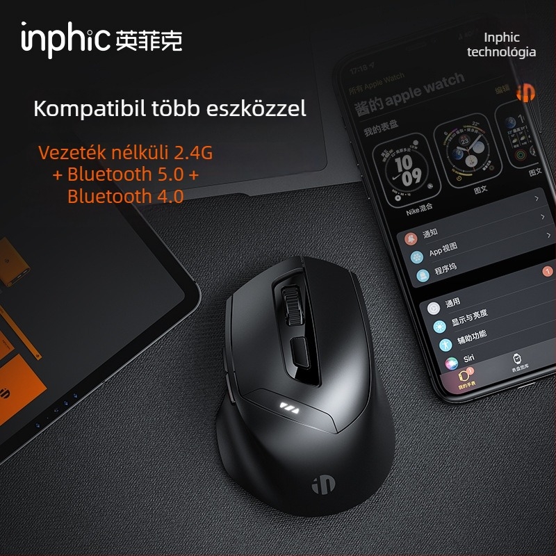 INPHIC DR01 Bluetooth hárommódos vezeték nélküli egér, 1600 DPI, 6 gomb, Bluetooth/2.4 GHz, ergonómikus