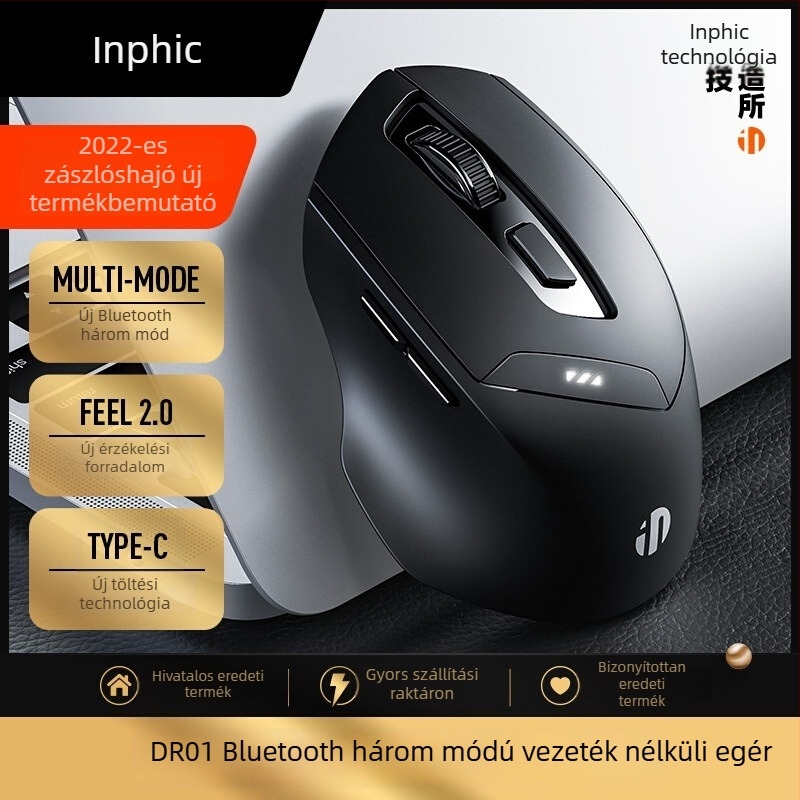 INPHIC DR01 Bluetooth hárommódos vezeték nélküli egér, 1600 DPI, 6 gomb, Bluetooth/2.4 GHz, ergonómikus