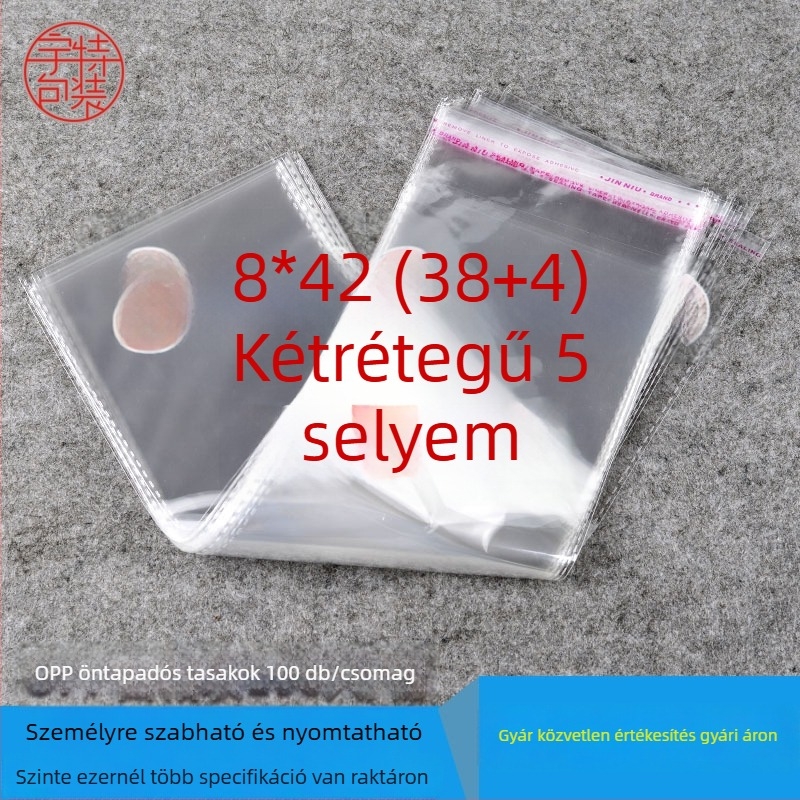 Öntapadós, kettős rétegű tömítő tasakok, átlátszó műanyag, 0,05 mm vastagság, nyomtatott logó, ágyneműtárolásra