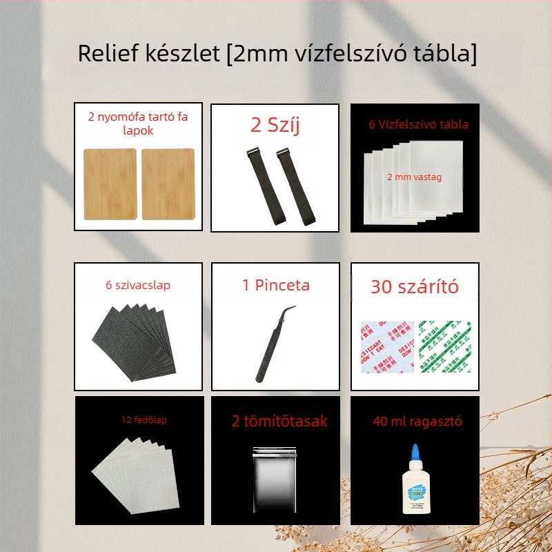 Szalag típusú relief tábla készlet – teljes készlet kézműves eszközökkel száraz virágokhoz, tartalmaz alátétpapírt és abszorbens lemezt, dobozos csomagolásban