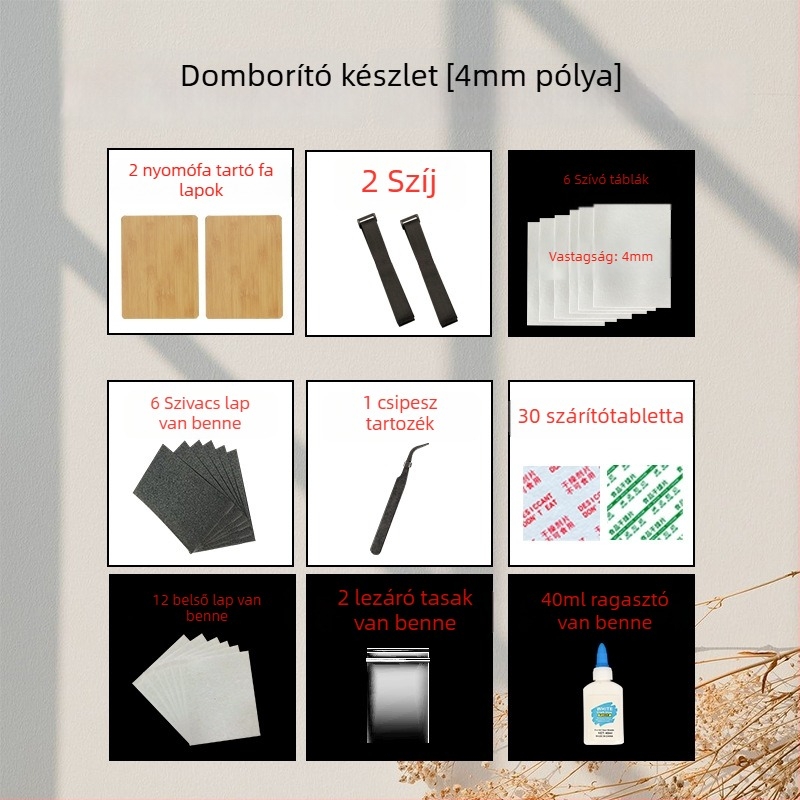 Szalag típusú relief tábla készlet – teljes készlet kézműves eszközökkel száraz virágokhoz, tartalmaz alátétpapírt és abszorbens lemezt, dobozos csomagolásban