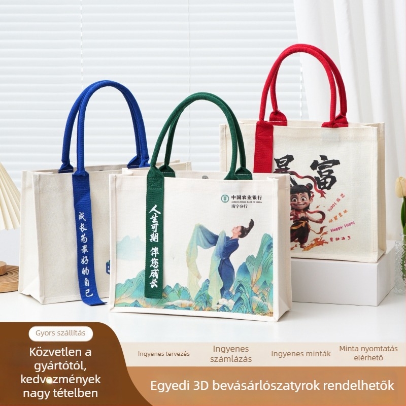 Laminált vászon Tote táska egyedi logóval; alkalmas kiállításokra és iskolai ajándékokra; több hordozási stílus; nyomtatási eljárások: hőátvitel, hímzés, szitanyomás