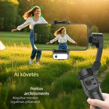Telefonos Gimbal Stabilizátor – 3-tengelyes ortogonális, 180° horizontális forgás, alumíniumötvözet, alkalmazáson keresztüli vezérlés, arc követés
