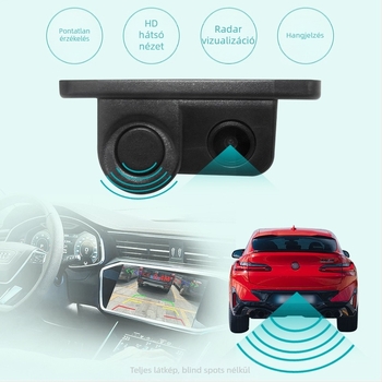 2-in-1 hátrameneti radar autóhoz vizuális képi megjelenítéssel — HD 1280x720, 12V, 170° állítható, AV video jel