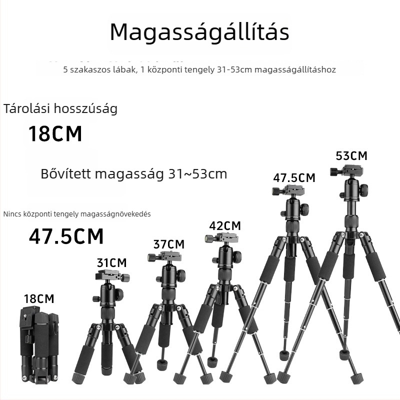 T226 Mini állvány – alumíniumötvözet, 5 részes, gömbfej, teherbírás 6 kg, tömeg 776 g