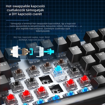 Vezetékes mechanikus billentyűzet, 104 billentyűvel, háttérvilágítással, makróprogramozással és cserélhető kapcsolókkal.