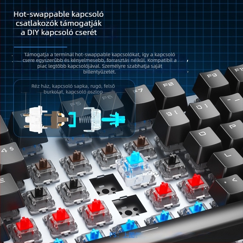 Vezetékes mechanikus billentyűzet, 104 billentyűvel, háttérvilágítással, makróprogramozással és cserélhető kapcsolókkal.
