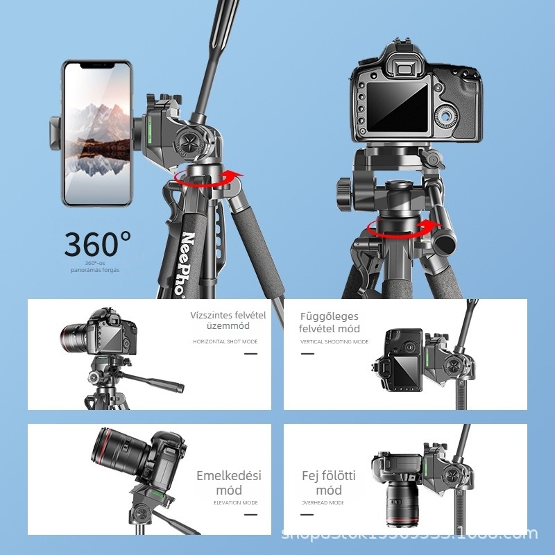 Kamera-tripod 3D Pan-Tilt fejjel, ABS+ alumínium ötvözet, teherbírás 5 kg, 5-részes lábak, gyorskioldó lemez, modell 910A