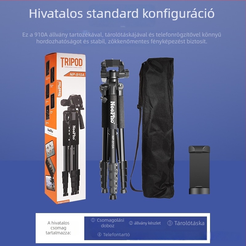 Kamera-tripod 3D Pan-Tilt fejjel, ABS+ alumínium ötvözet, teherbírás 5 kg, 5-részes lábak, gyorskioldó lemez, modell 910A