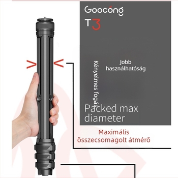 Goocong PH3L alumínium tripod – 4 szekció, 3D fej, teherbírás 3 kg, súly 630 g