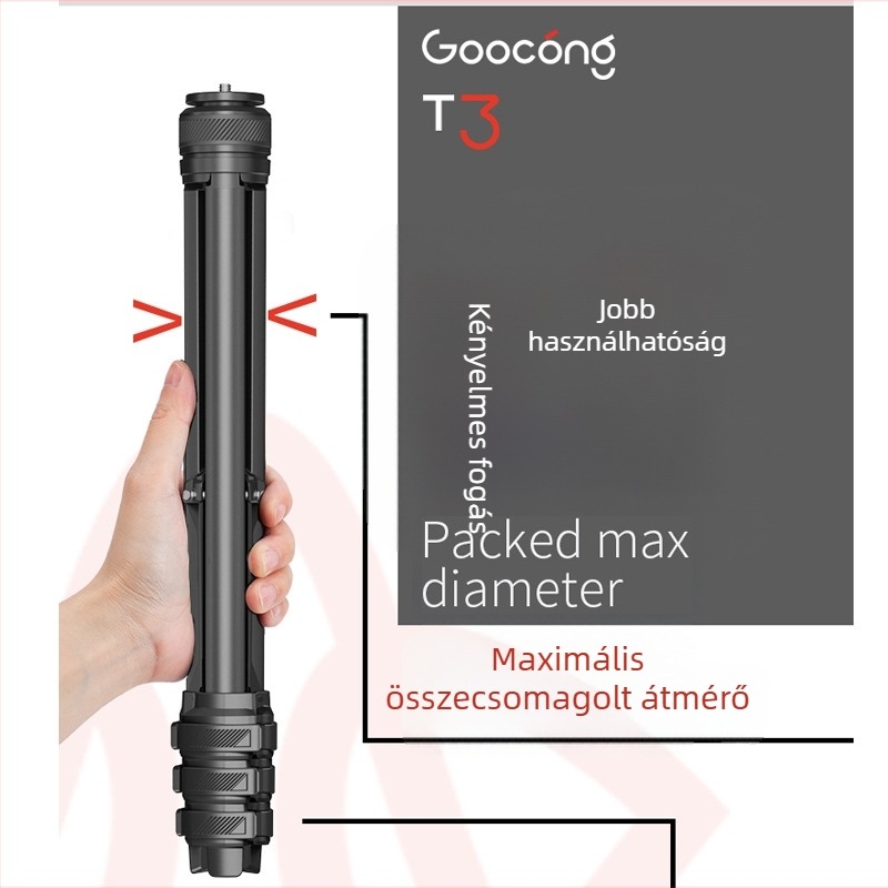 Goocong PH3L alumínium tripod – 4 szekció, 3D fej, teherbírás 3 kg, súly 630 g