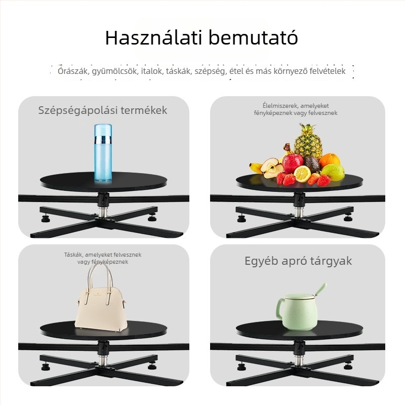 Tárgyfotózáshoz rotáló platforma, 360° forgás, összecsukható, állítható szög, alumíniumötvözet/fa kivitel, tömeg 6,13 kg