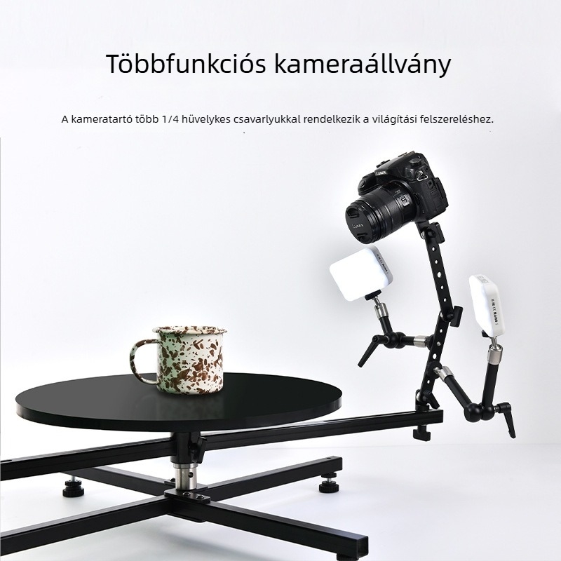 Tárgyfotózáshoz rotáló platforma, 360° forgás, összecsukható, állítható szög, alumíniumötvözet/fa kivitel, tömeg 6,13 kg