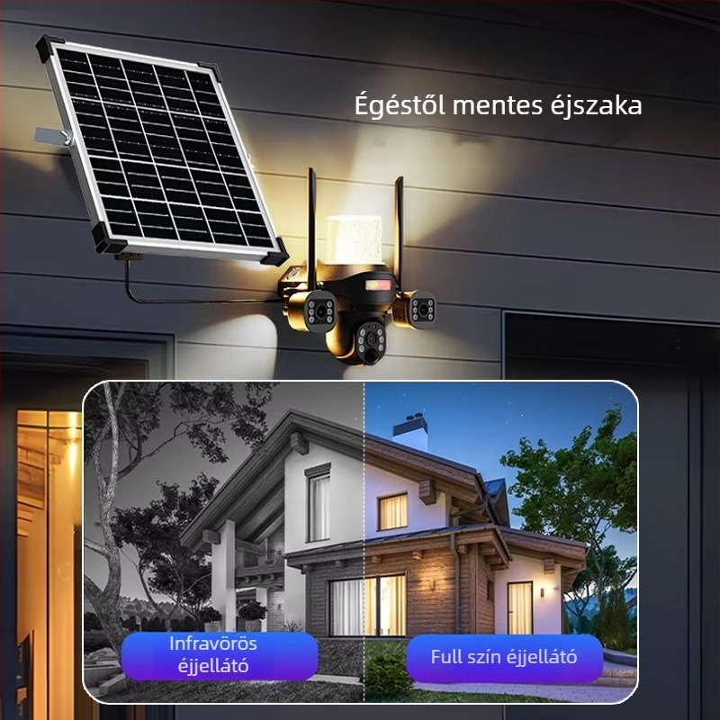 Kültéri napelemes LED falikar megfigyelő kamera, vízszintes forgás 325°, függőleges 90°, 5V DC, falra szerelhető