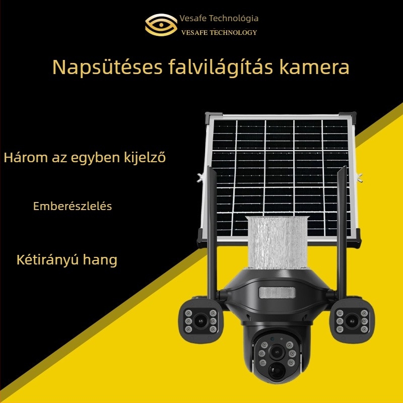Kültéri napelemes LED falikar megfigyelő kamera, vízszintes forgás 325°, függőleges 90°, 5V DC, falra szerelhető