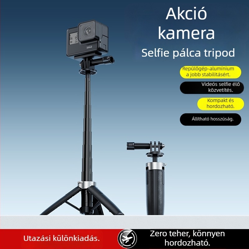 GoPro-kompatibilis alumínium ötvözetű 5 részes selfie bot, hordozható mini teleszkópos kar, 2 kg-ig terhelhető, súly 70 g