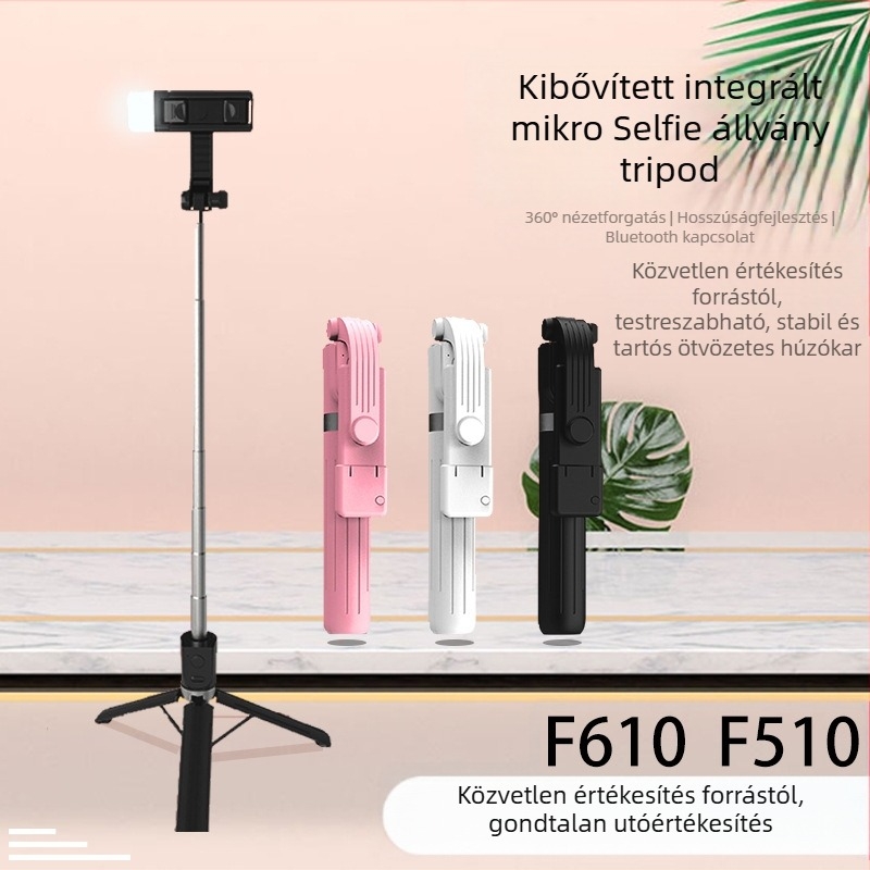 Bluetooth-os telefonhoz való selfie bot, hordozható tripod, világító fény, műanyag test, távirányítóval