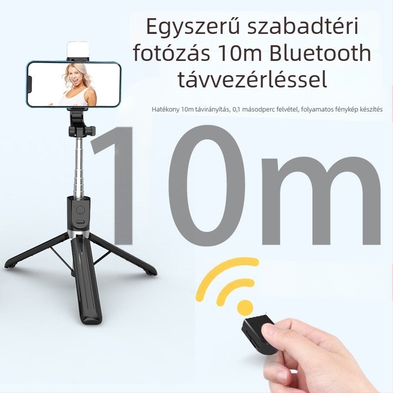 Bluetooth-os telefonhoz való selfie bot, hordozható tripod, világító fény, műanyag test, távirányítóval