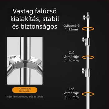 Rozsdamentes acél fotózás világítási állvány teleszkópos kereszttartóval, 3-szekciós oszlop, teherbírás 15 kg, csőátmérő 25–35 mm, súly 2,3 kg