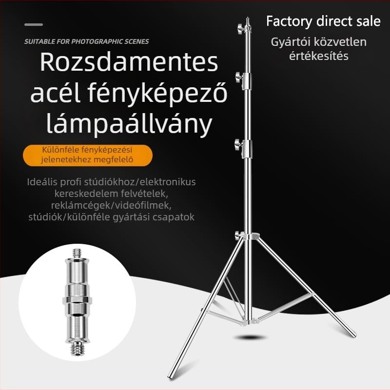 Rozsdamentes acél fotózás világítási állvány teleszkópos kereszttartóval, 3-szekciós oszlop, teherbírás 15 kg, csőátmérő 25–35 mm, súly 2,3 kg