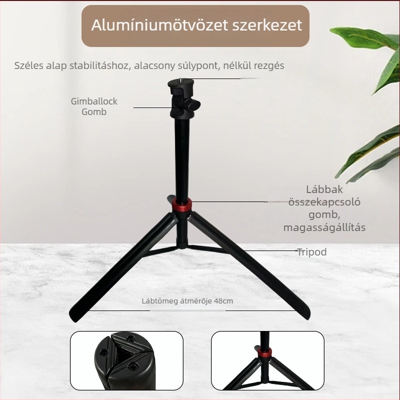 Fotózás és videózás állvány, összecsukható és kinyújtható, alumíniumötvözet, teherbírás 2 kg, 3 szakasz, súly 0,65 kg