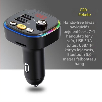 Autós MP3 Bluetooth vevő C20, FM rádióval, USB lejátszással, 12V tápegység, memória nélküli